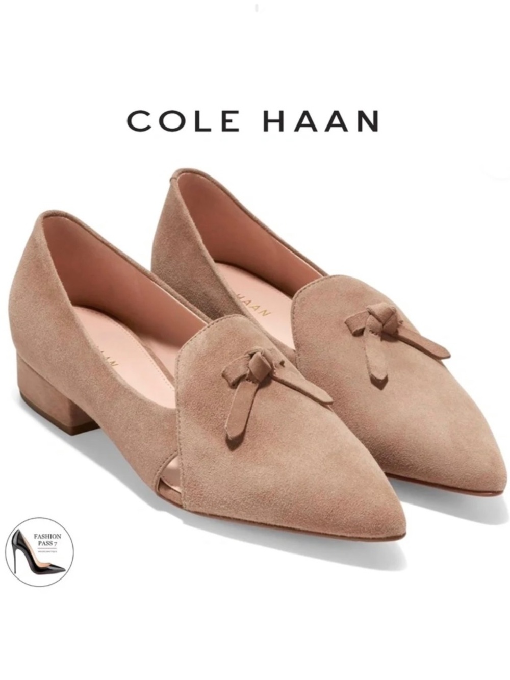 Cole Haan Viola Skimmer Block Heel Loafer Beige Suede Pointed Toe Flat Shoes 9.5
